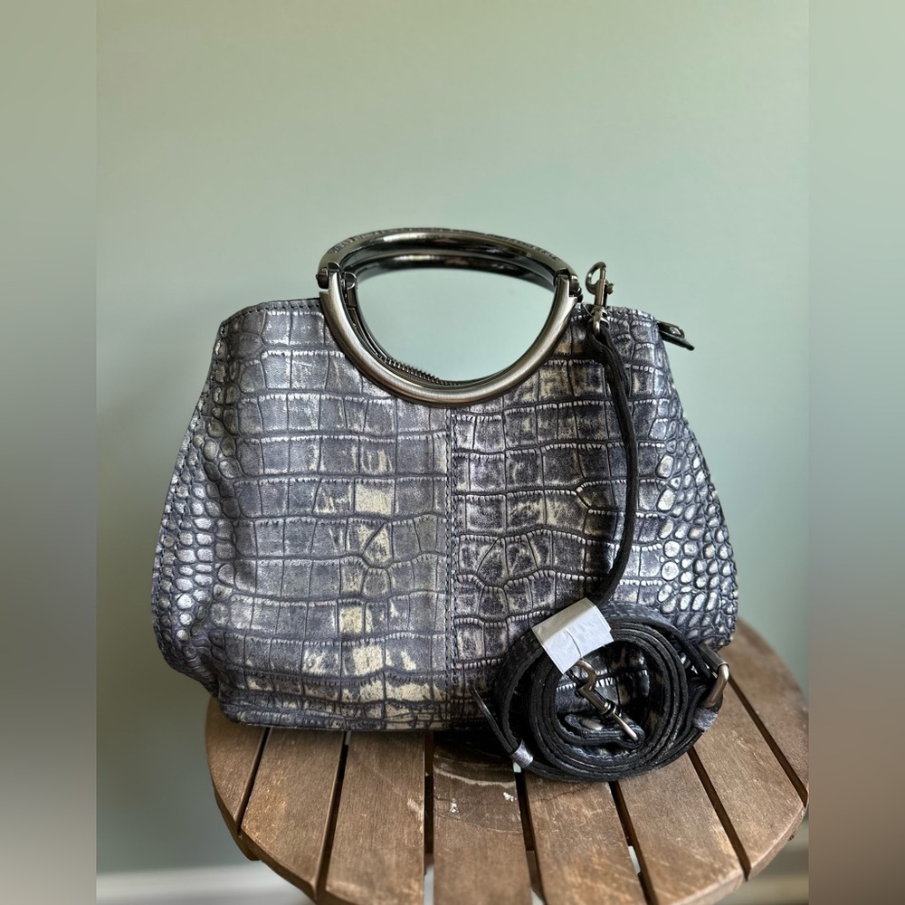 Patricia Nash Distressed Vintage Croc Aria Shopper Metallic Silver NWOT